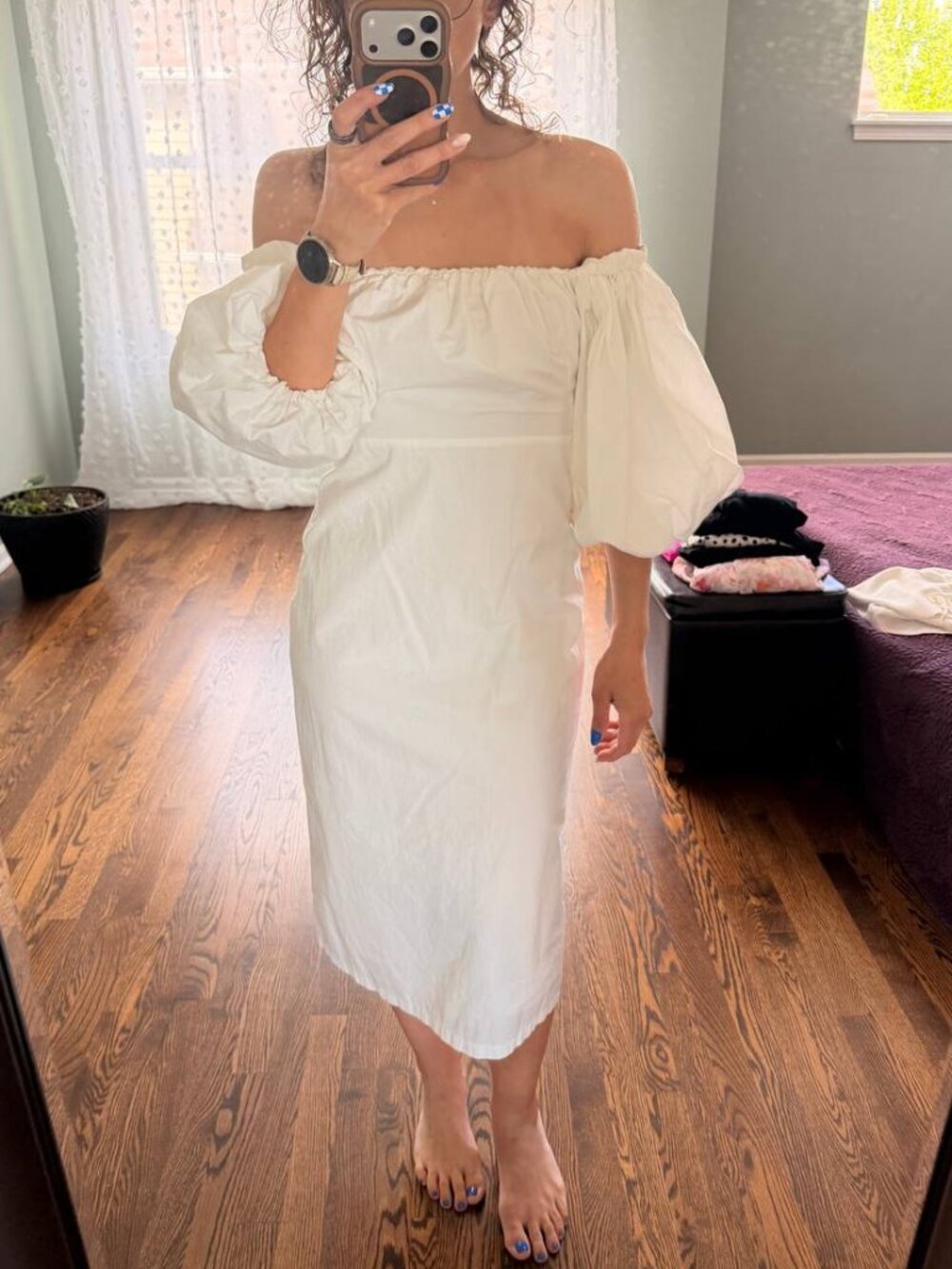 Lulus White Off-the-Shoulder Puff Sleeve Midi Dress